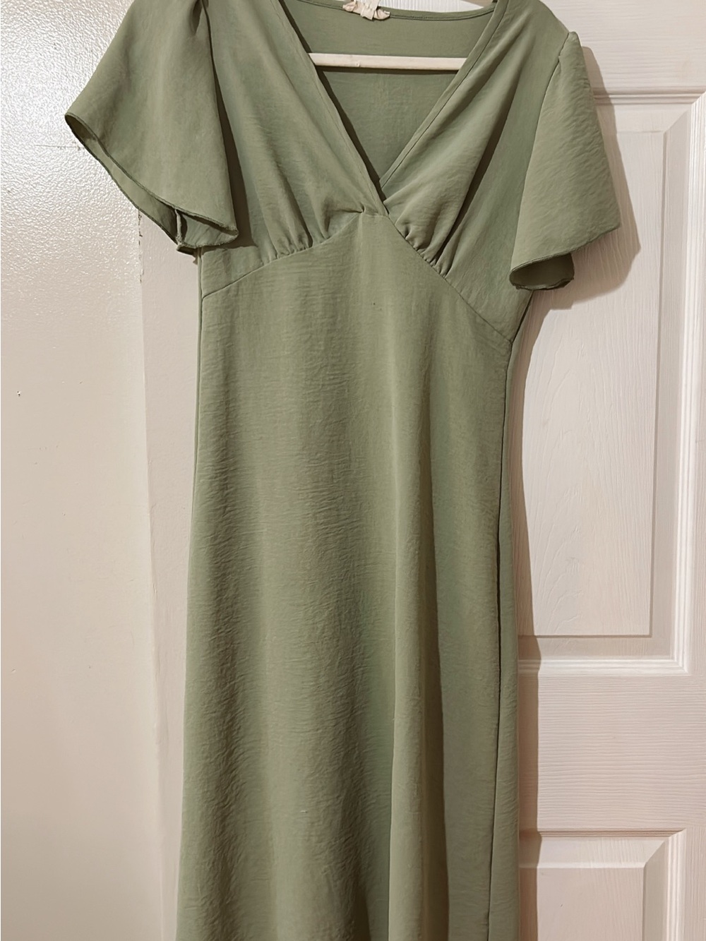 Sage Green V-Neck Midi Dress with Flutter Sleeves